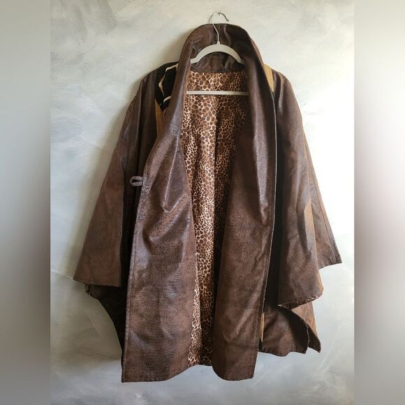 OVERSIZED single button leather and fabric cheetah liner mud cloth jacket OS - Picture 15 of 16